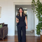 TEXTURED STRIPED PEPLUM VEST SUIT – BLACK
