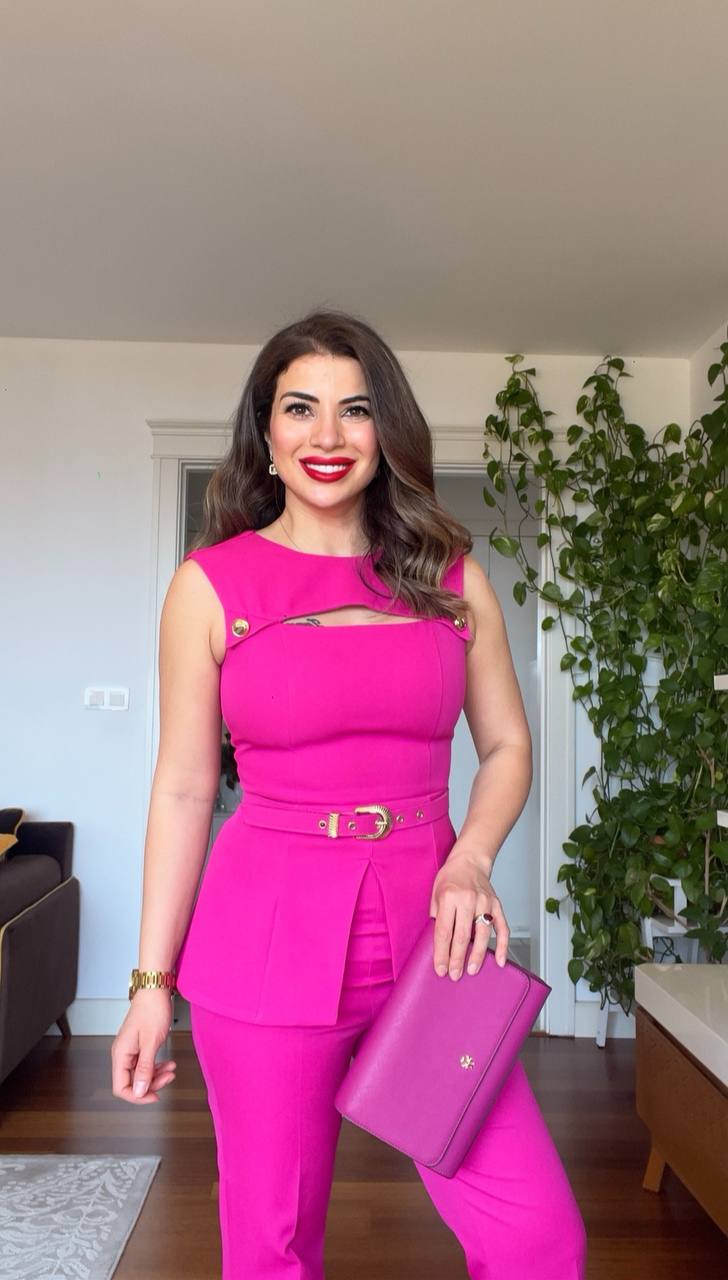 GOLD BUTTON SHOULDER DETAIL PEPLUM SUIT – FUCHSIA