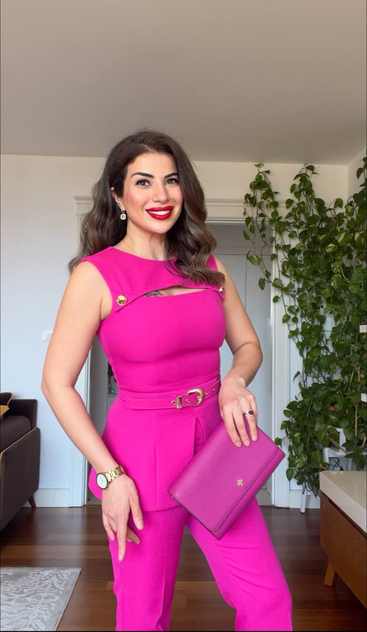 GOLD BUTTON SHOULDER DETAIL PEPLUM SUIT – FUCHSIA