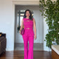 GOLD BUTTON SHOULDER DETAIL PEPLUM SUIT – FUCHSIA