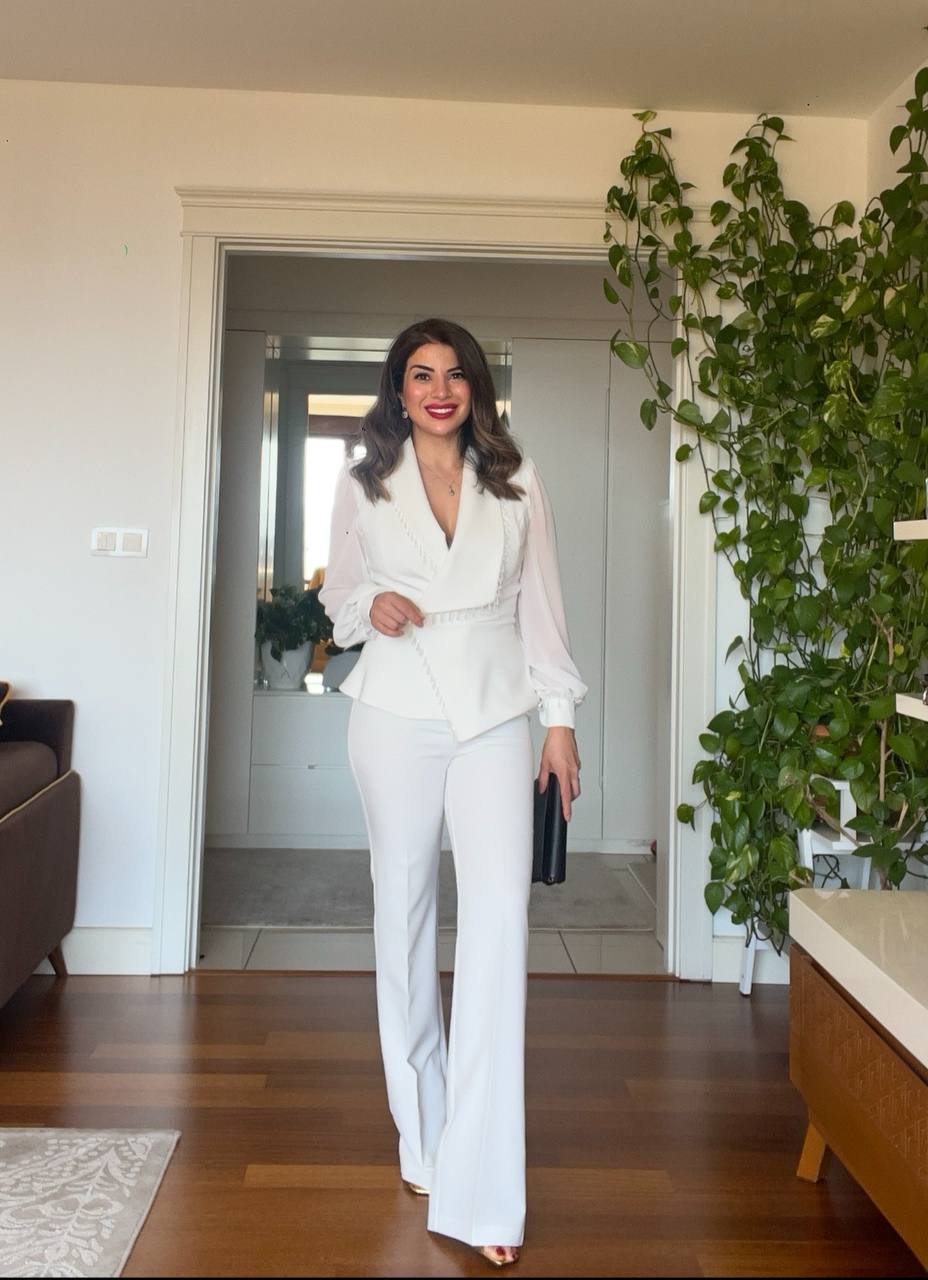 TULLE SLEEVE STONE DETAILED SET - WHİTE