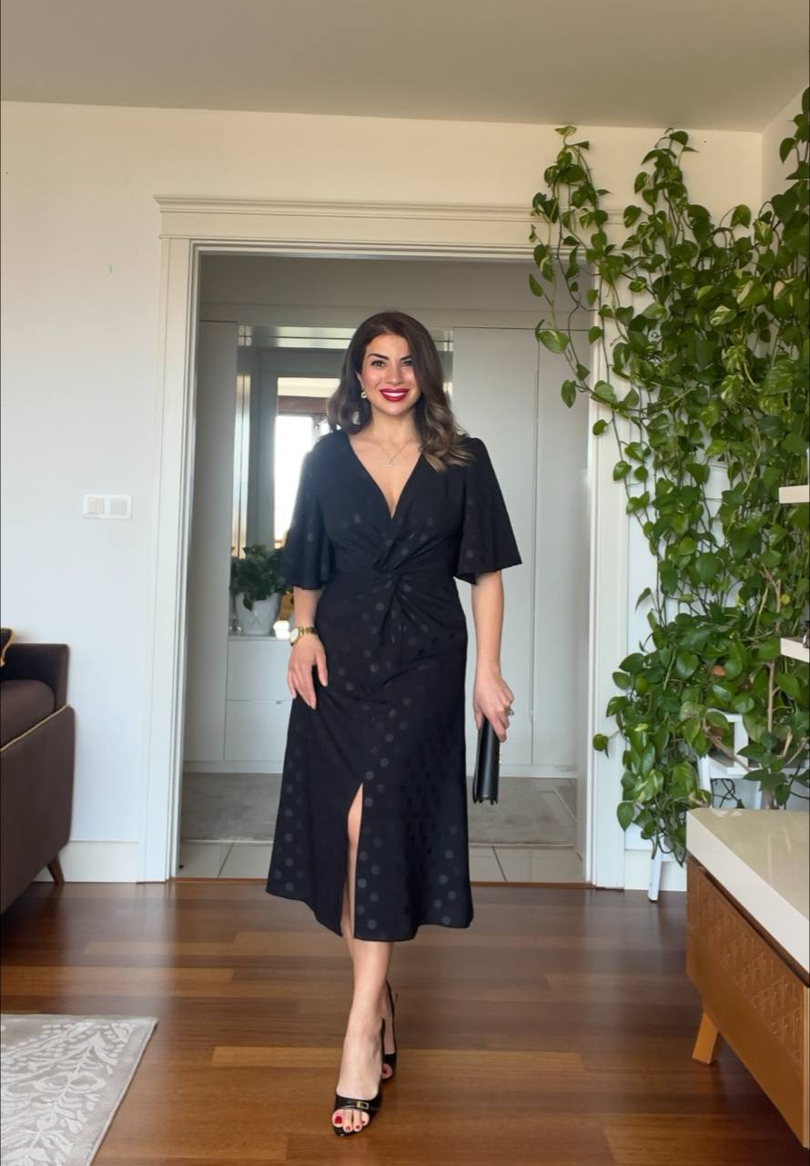 POLKA DOT WRAP MIDI DRESS - BLACK