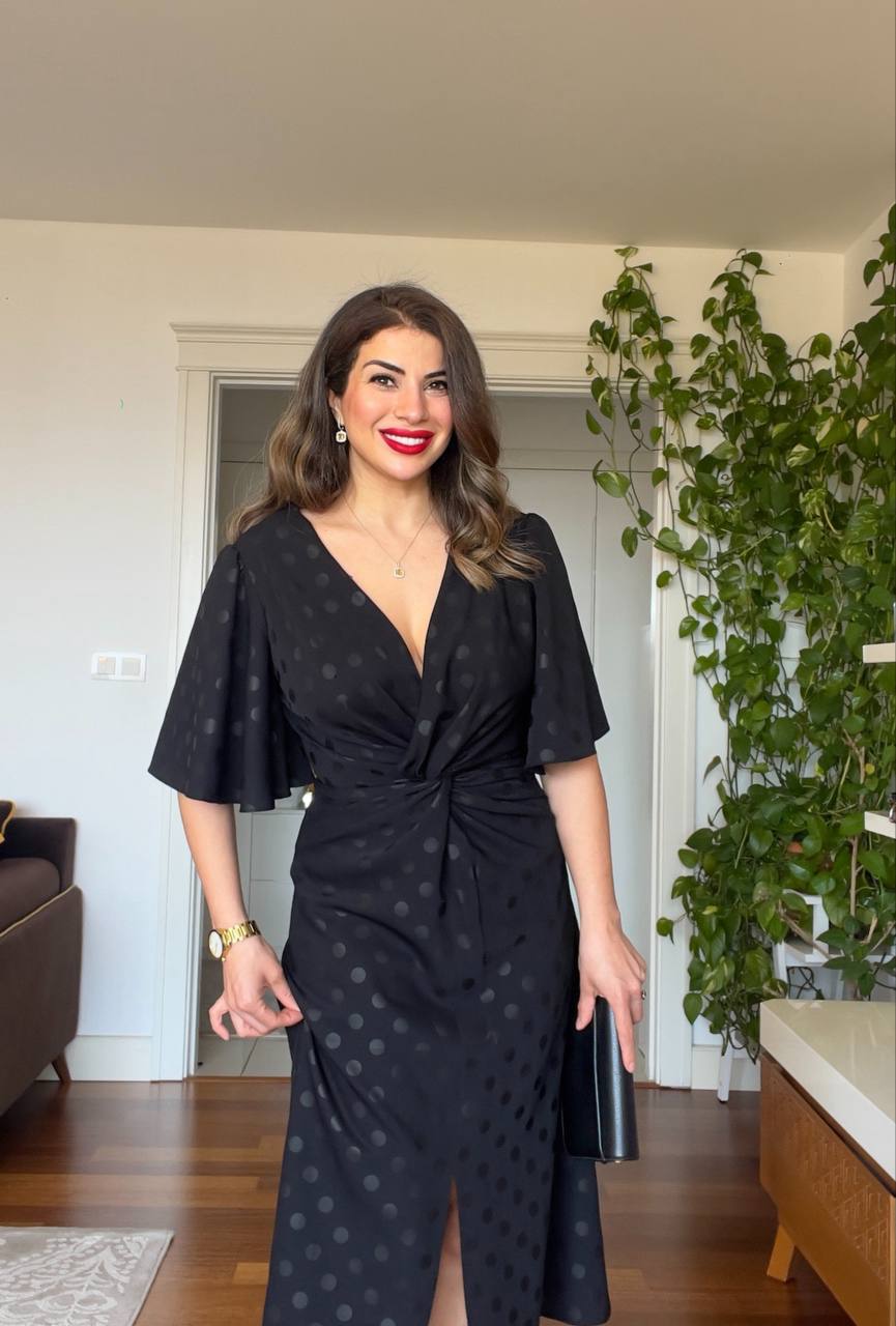 POLKA DOT WRAP MIDI DRESS - BLACK