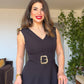 PEARL BUCKLE V-NECK MIDI DRESS – BLACK