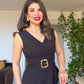 PEARL BUCKLE V-NECK MIDI DRESS – BLACK
