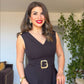 PEARL BUCKLE V-NECK MIDI DRESS – BLACK