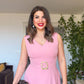 PEARL BUCKLE V-NECK MIDI DRESS – POWDER