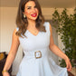 PEARL BUCKLE V-NECK MIDI DRESS – BABY BLUE