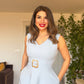 PEARL BUCKLE V-NECK MIDI DRESS – BABY BLUE