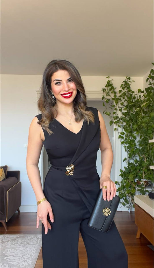 ASYMMETRICAL BUCKLE JUMPSUIT -  BLACK