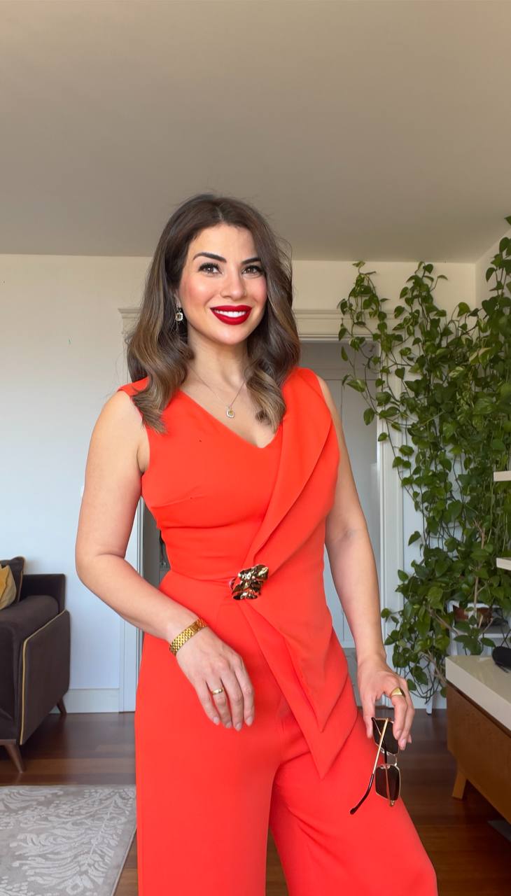 ASYMMETRICAL BUCKLE JUMPSUIT -  RED