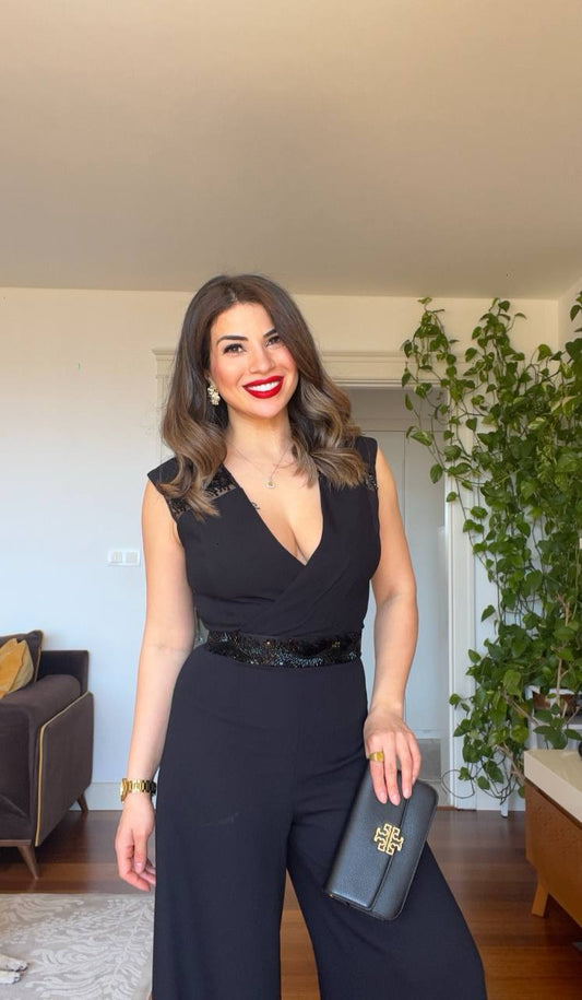 SEQUIN DETAIL WRAP NECK JUMPSUIT - BLACK