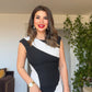 ASYMMETRICAL COLOR BLOCK PENCIL DRESS – BLACK & WHITE