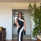 ASYMMETRICAL COLOR BLOCK PENCIL DRESS – BLACK & WHITE