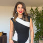 ASYMMETRICAL COLOR BLOCK PENCIL DRESS – BLACK & WHITE