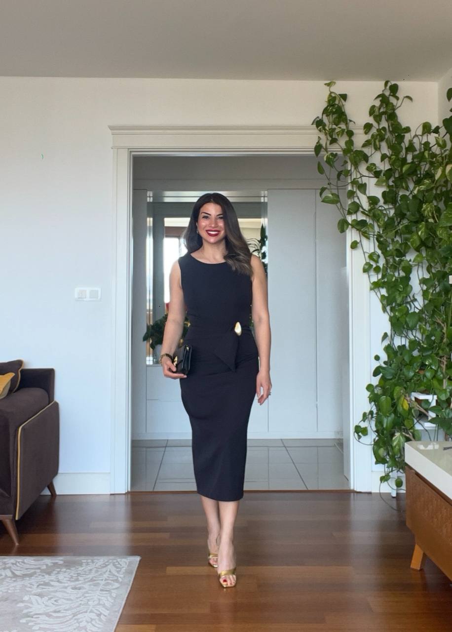 ELEGANT MIDI PENCIL DRESS WITH WAIST TIE - BLACK