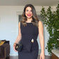 ELEGANT MIDI PENCIL DRESS WITH WAIST TIE - BLACK