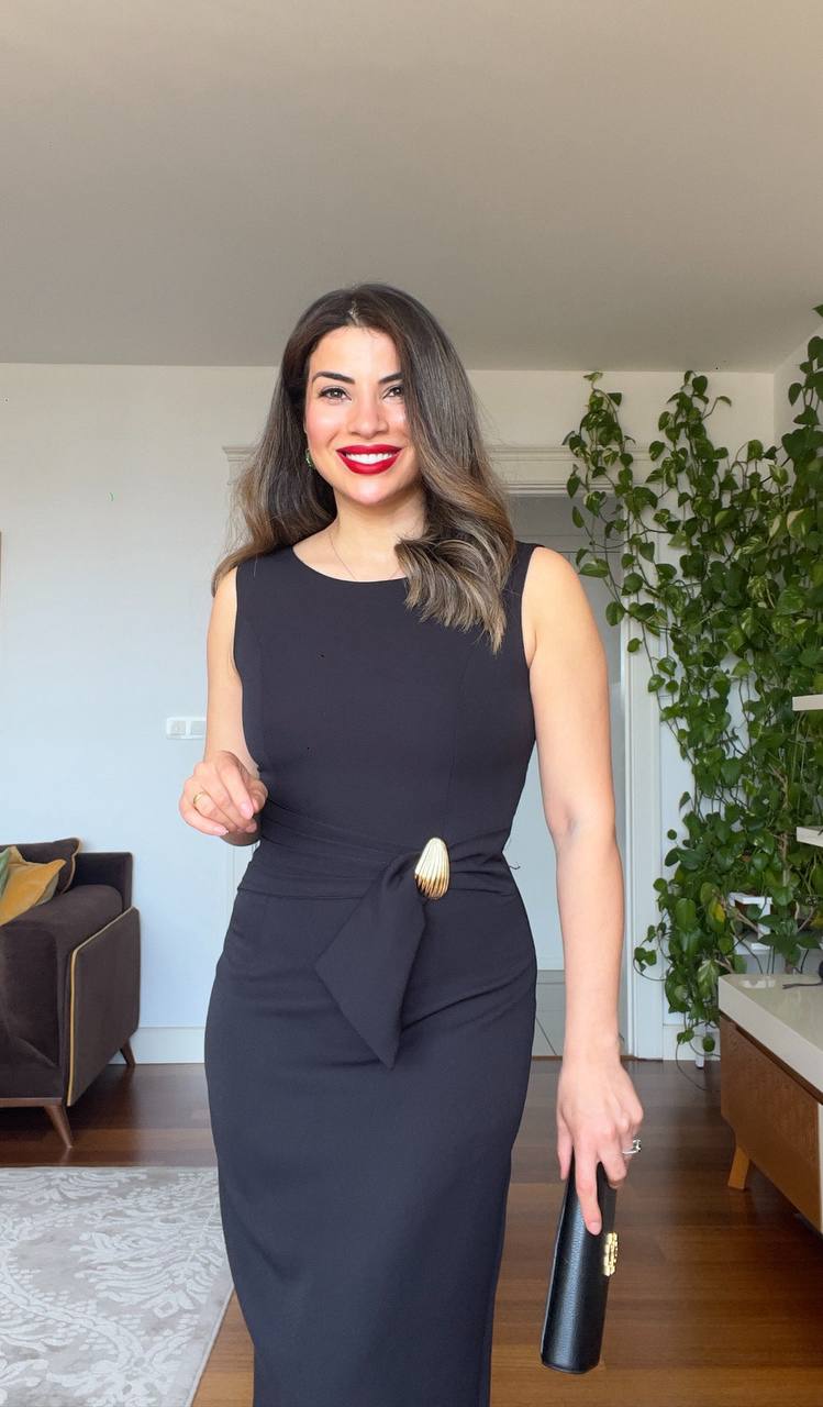 ELEGANT MIDI PENCIL DRESS WITH WAIST TIE - BLACK