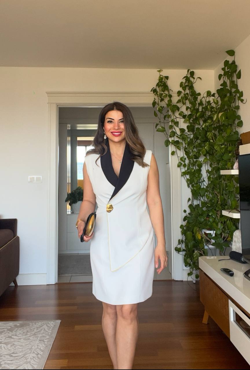 BLACK COLLAR DETAILED BUTTONED PENCIL DRESS - WHITE