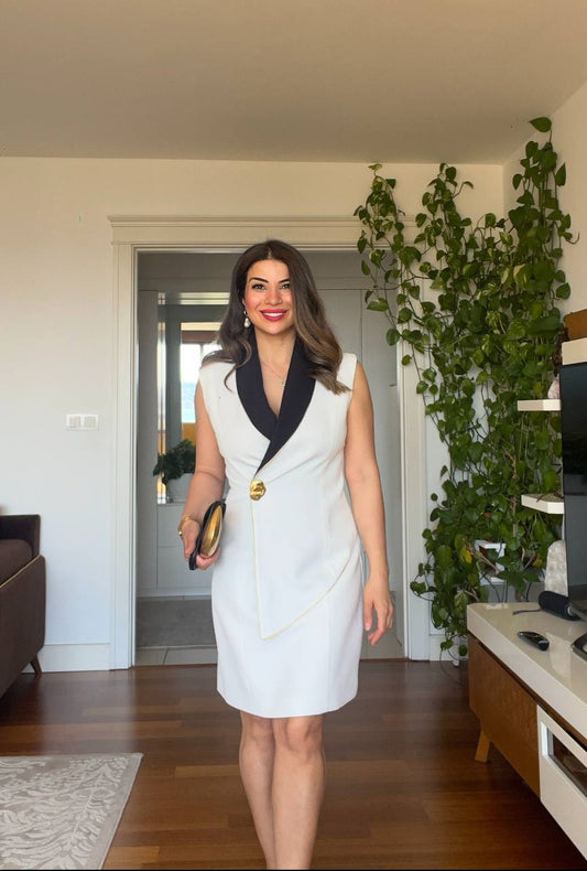 BLACK COLLAR DETAILED BUTTONED PENCIL DRESS - WHITE