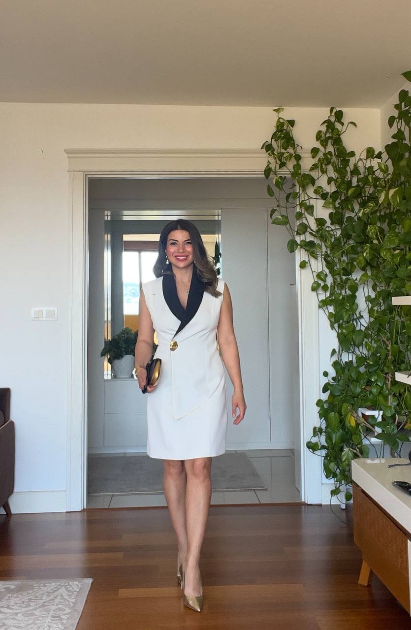 BLACK COLLAR DETAILED BUTTONED PENCIL DRESS - WHITE