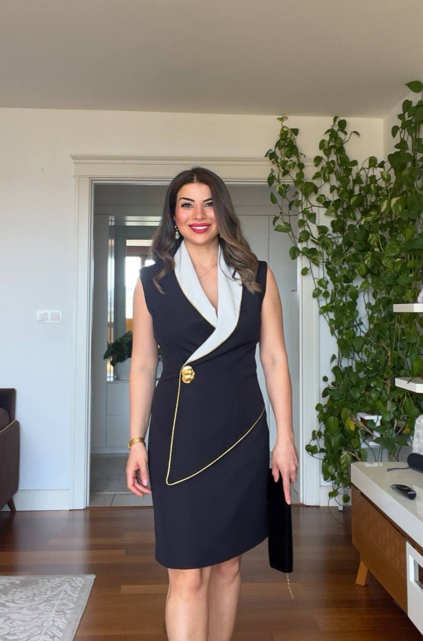 WHİTE COLLAR DETAILED BUTTONED PENCIL DRESS - BLACK