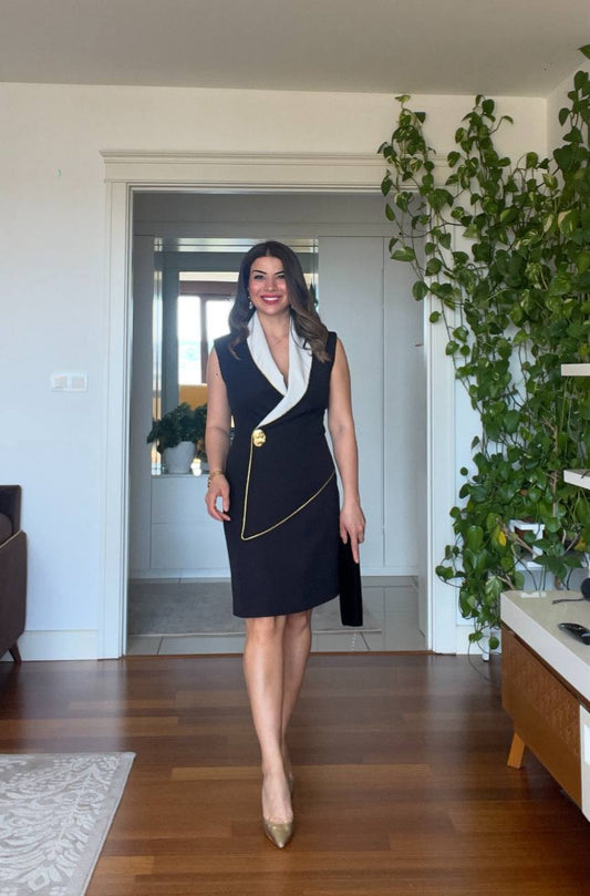 WHİTE COLLAR DETAILED BUTTONED PENCIL DRESS - BLACK