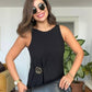 SLEEVELESS GOLD-BUCKLE MIDI DRESS – BLACK