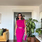 MIDI DRESS WITH PEARL BUCKLE & PEPLUM DETAIL - FUCHSIA