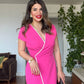 PEARL-TRIMMED WRAP-STYLE DRESS – FUCHSIA