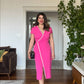 PEARL-TRIMMED WRAP-STYLE DRESS – FUCHSIA