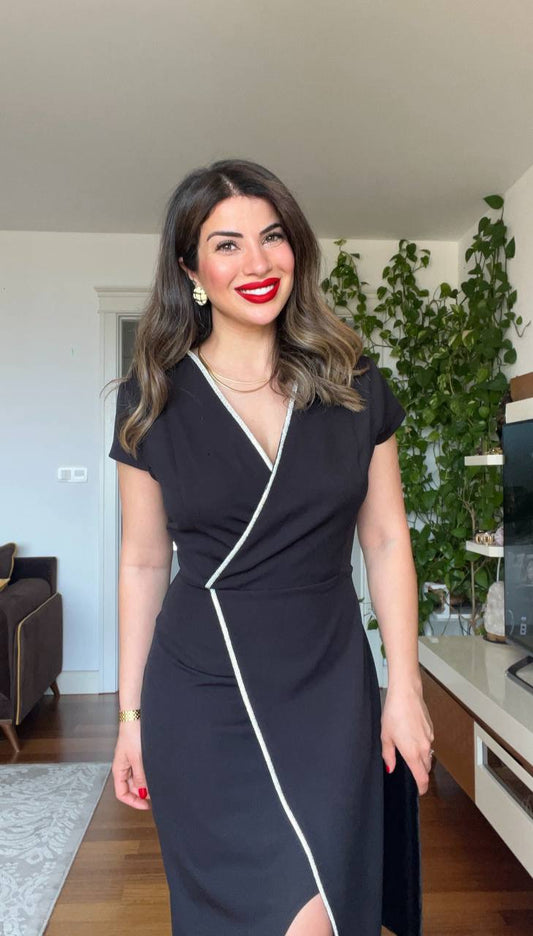 PEARL-TRIMMED WRAP-STYLE DRESS – BLACK
