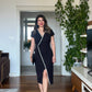 PEARL-TRIMMED WRAP-STYLE DRESS – BLACK