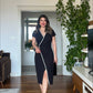 PEARL-TRIMMED WRAP-STYLE DRESS – BLACK