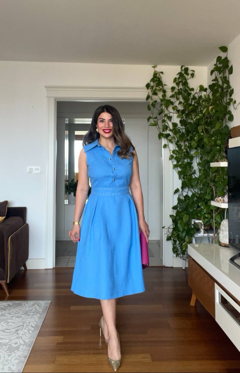 PEARL-DETAILED MIDI LINEN DRESS – BLUE