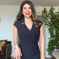 BROOCH DETAIL V-NECK MIDI DRESS – BLACK