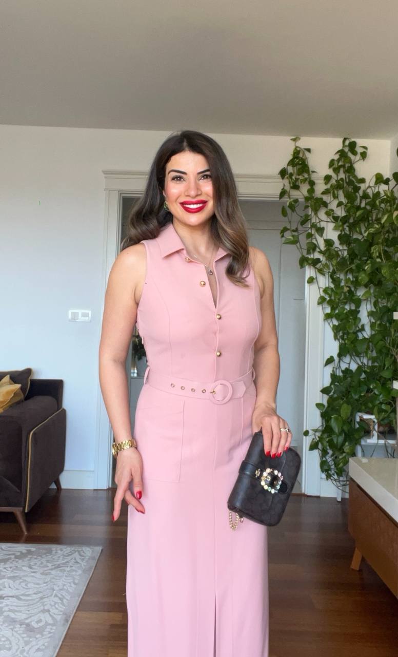 BROOCH DETAIL V-NECK MIDI DRESS – POWDER