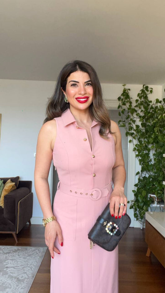 BROOCH DETAIL V-NECK MIDI DRESS – POWDER