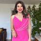 STONE-STRAP DRAPED MIDI PENCIL DRESS – FUCHSIA