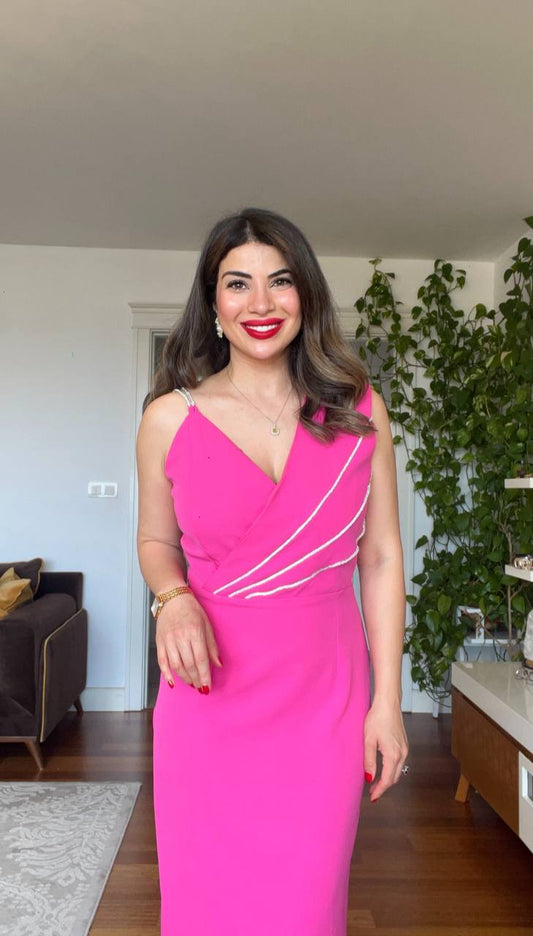 STONE-STRAP DRAPED MIDI PENCIL DRESS – FUCHSIA