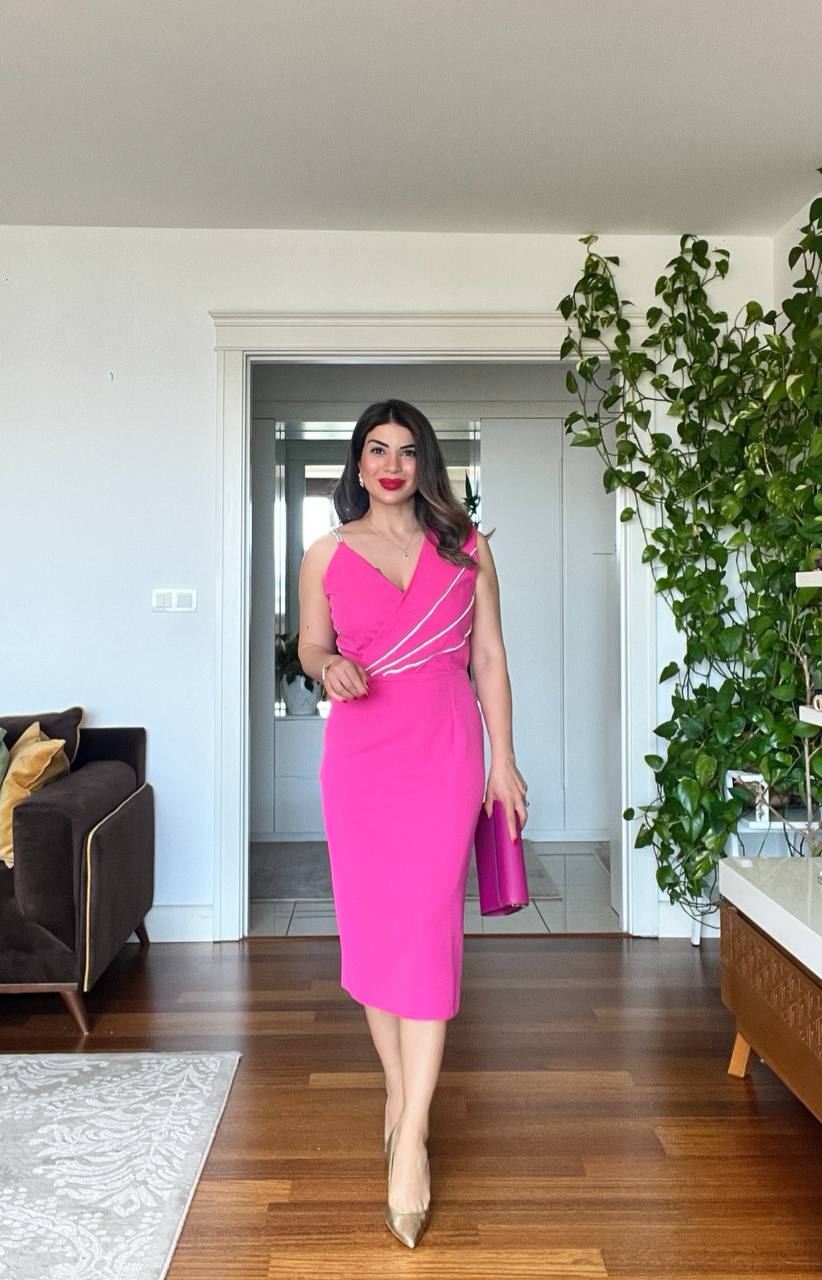STONE-STRAP DRAPED MIDI PENCIL DRESS – FUCHSIA