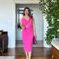 STONE-STRAP DRAPED MIDI PENCIL DRESS – FUCHSIA