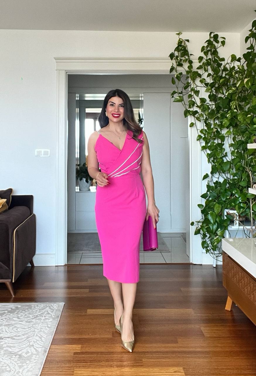 STONE-STRAP DRAPED MIDI PENCIL DRESS – FUCHSIA