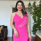 STONE-STRAP DRAPED MIDI PENCIL DRESS – FUCHSIA
