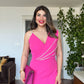 STONE-STRAP DRAPED MIDI PENCIL DRESS – FUCHSIA
