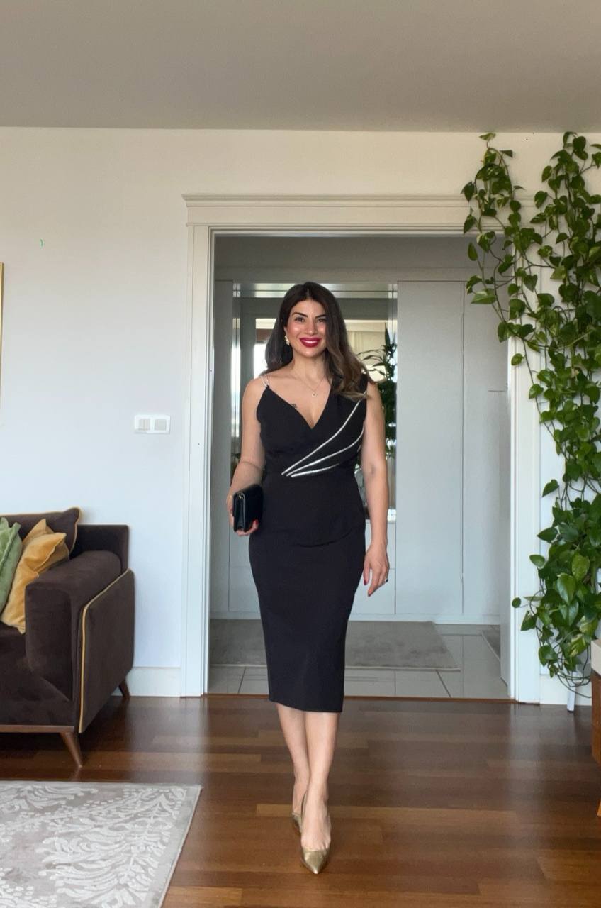 STONE-STRAP DRAPED MIDI PENCIL DRESS – BLACK