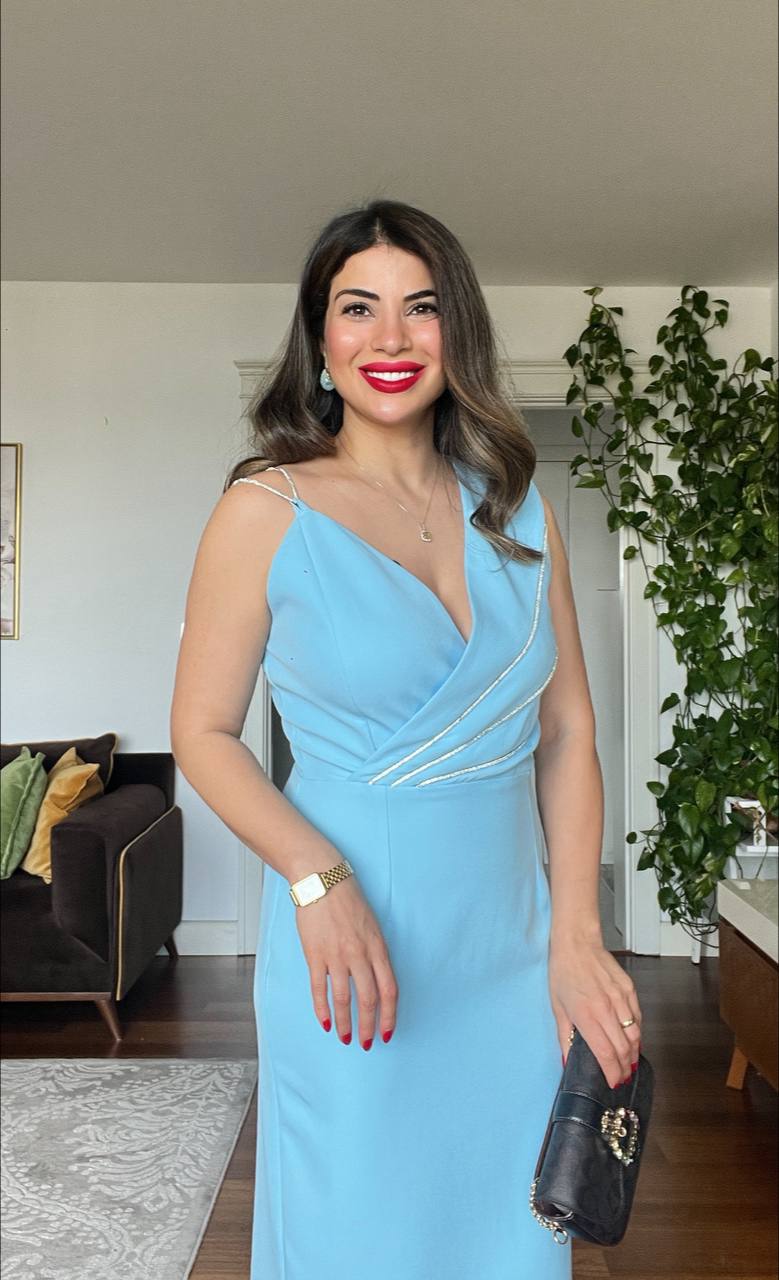 STONE-STRAP DRAPED MIDI PENCIL DRESS – BABY BLUE