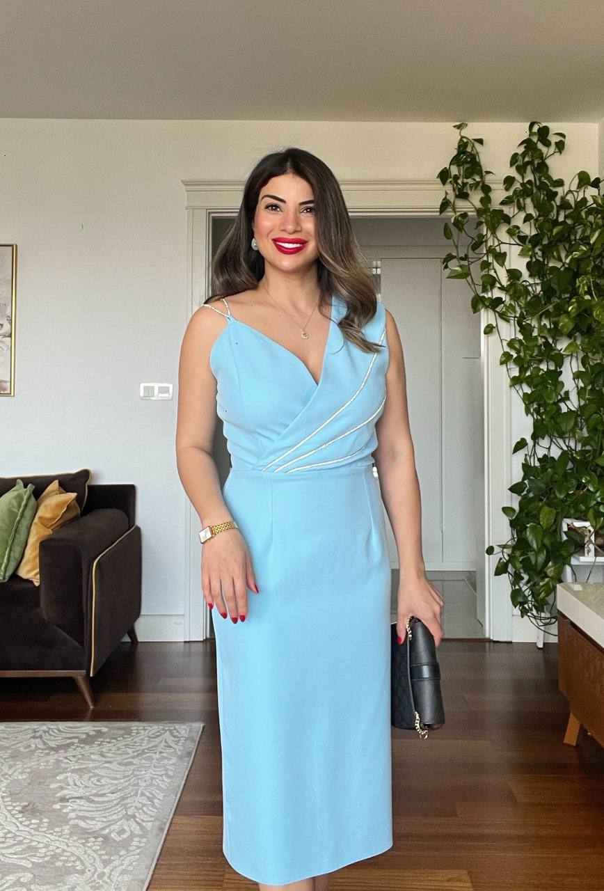 STONE-STRAP DRAPED MIDI PENCIL DRESS – BABY BLUE