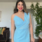 STONE-STRAP DRAPED MIDI PENCIL DRESS – BABY BLUE