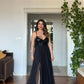 SEQUINED SLIT DETAIL EVENING DRESS – BLACK